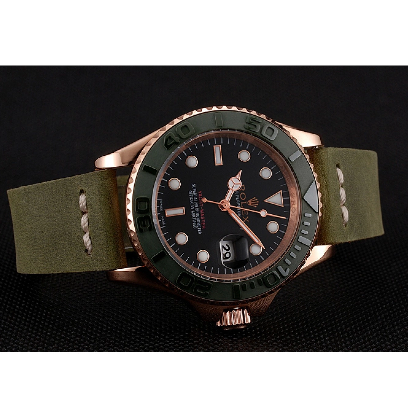 Aaa replica watch Leather Green Master Bezel Rolex Green Bracelet 1453862 Case Yacht Black Gold Rose Dial 0615